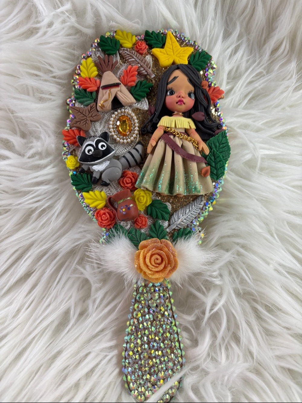 Pocahontas Handcrafted Floral Doll & Raccoon Decorative Vintage Mirror